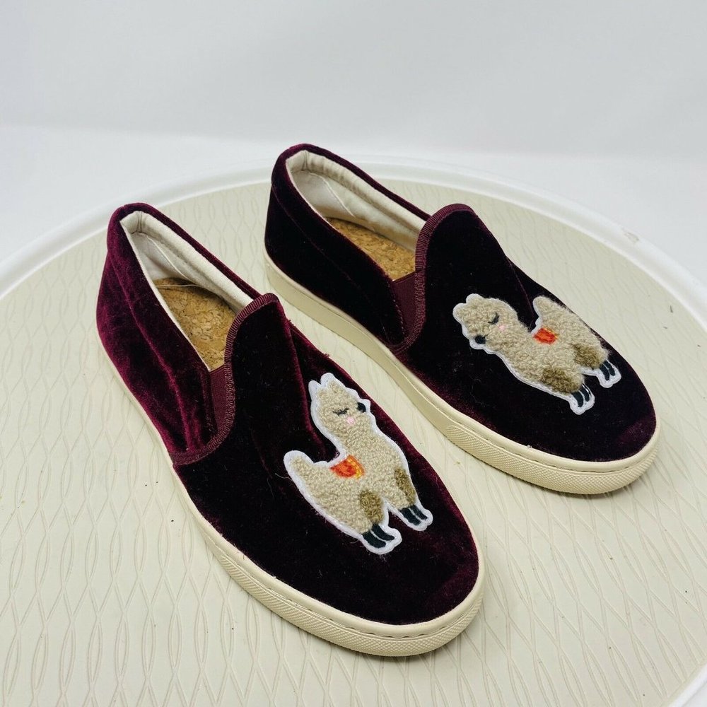 Soludos Flats Espadrilles Smoking Slippers 7.5 Burgundy Red Llama Velvet Shoes